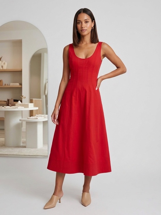 NWT $330 BR Banana Republic Structured Red Seamed Scoop Neck Midi Dress Size 4 - Picture 2 of 10